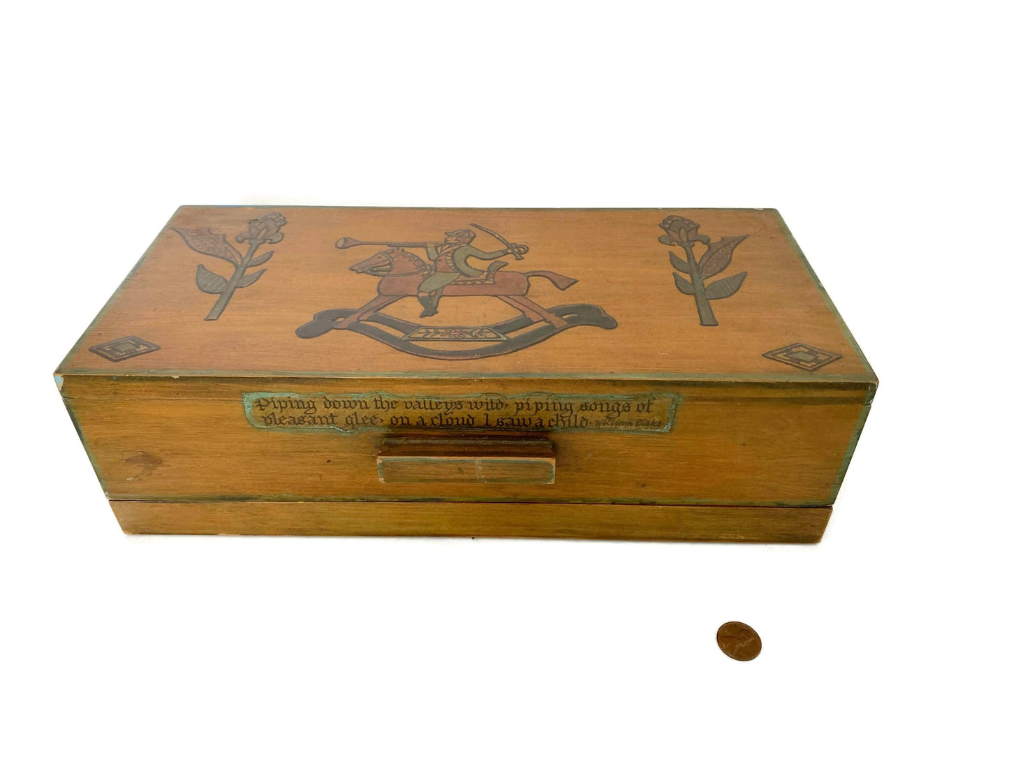Vintage Wood Thread Box with Folk Art and William Blake Poetry at Duckwells