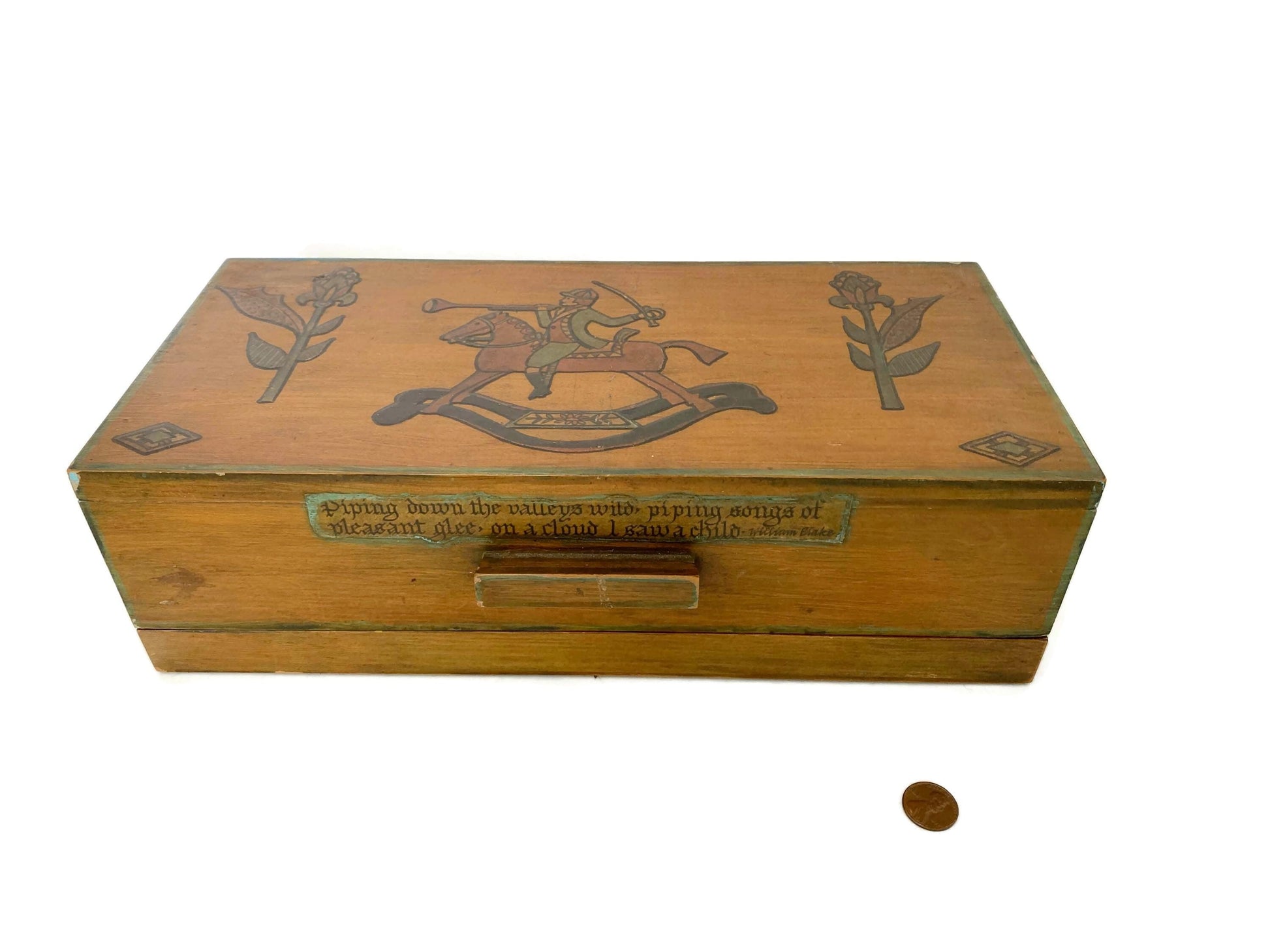 Vintage Wood Thread Box with Folk Art and William Blake Poetry at Duckwells