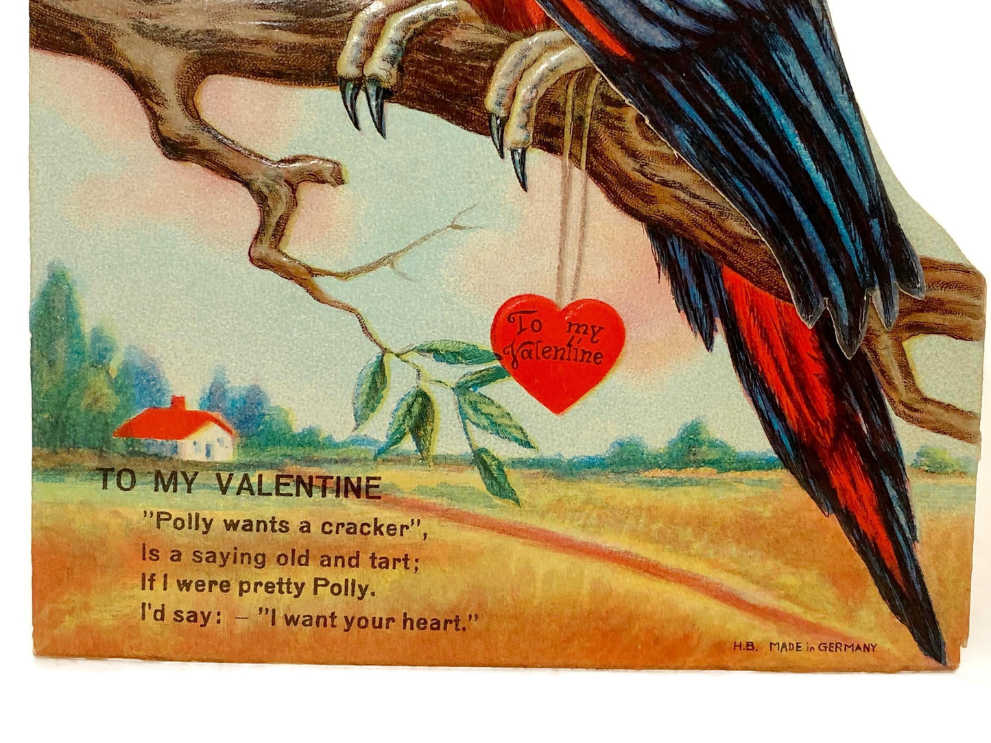 Antique Valentine's Day Card, Mechanical Die Cut Parrot at Duckwells