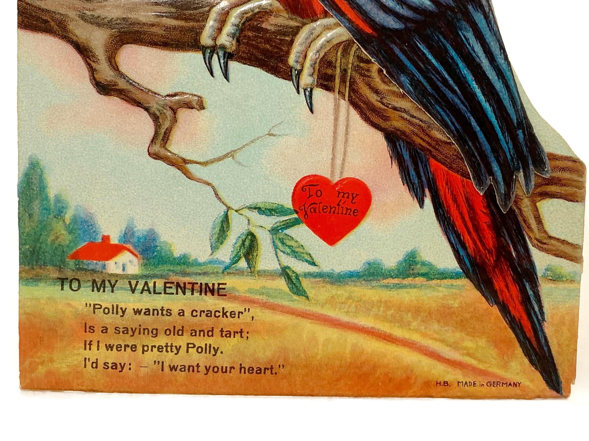 Antique Valentine's Day Card, Mechanical Die Cut Parrot at Duckwells