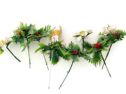 Vintage Christmas Floral Picks with Angel, Poinsettia, and Greenery