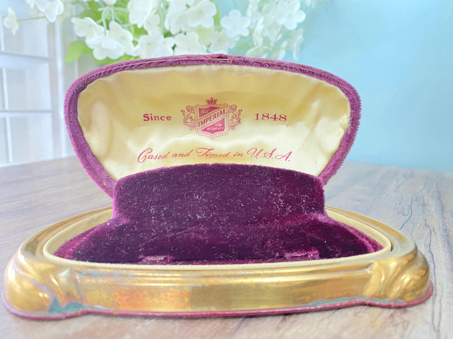 Vintage Imperial Watch Box in Velvet and Brass at Duckwells