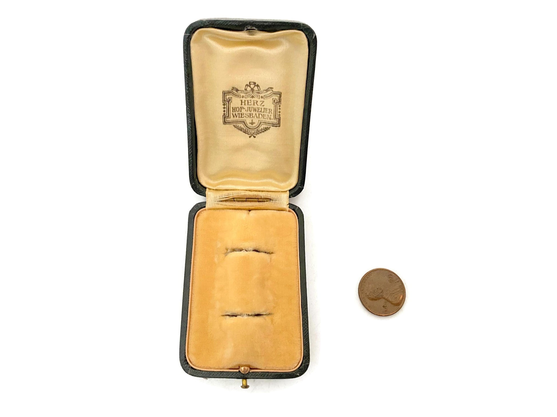 Antique Double Ring Box, Leather with German Jewelry Store Logo at Duckwells