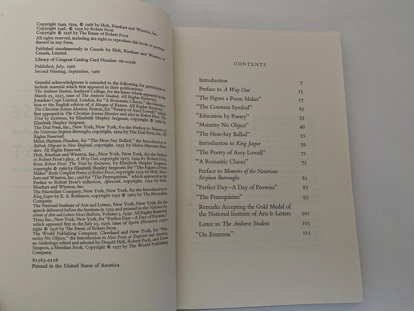 Vintage Book, Selected Prose of Robert Frost at Duckwells