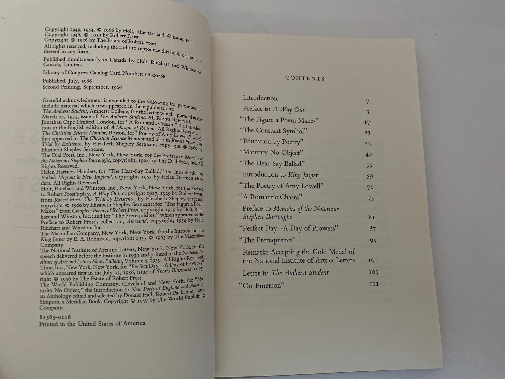 Vintage Book, Selected Prose of Robert Frost at Duckwells