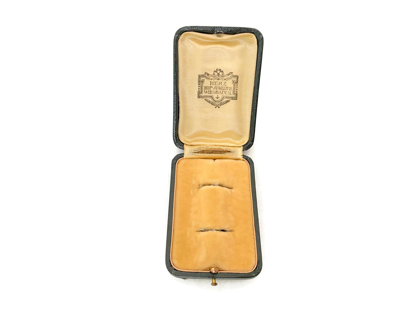 Antique Double Ring Box, Leather with German Jewelry Store Logo at Duckwells