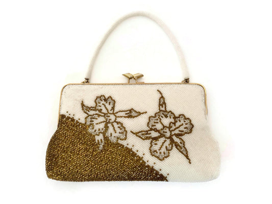 Vintage Bronze and White Beaded Purse at Duckwells