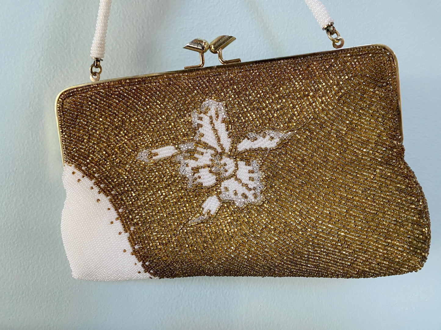 Vintage Bronze and White Beaded Purse at Duckwells