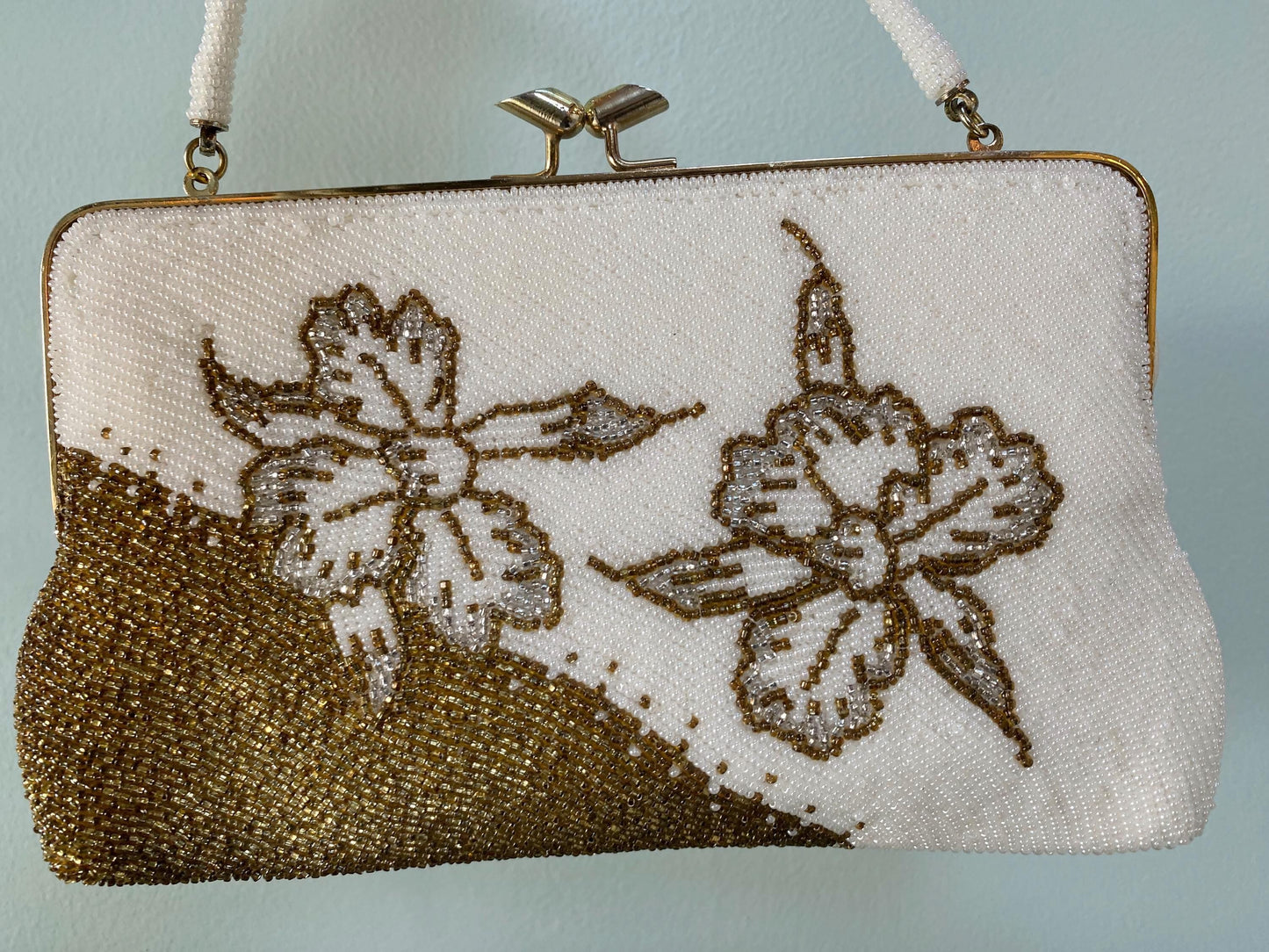 Vintage Bronze and White Beaded Purse at Duckwells