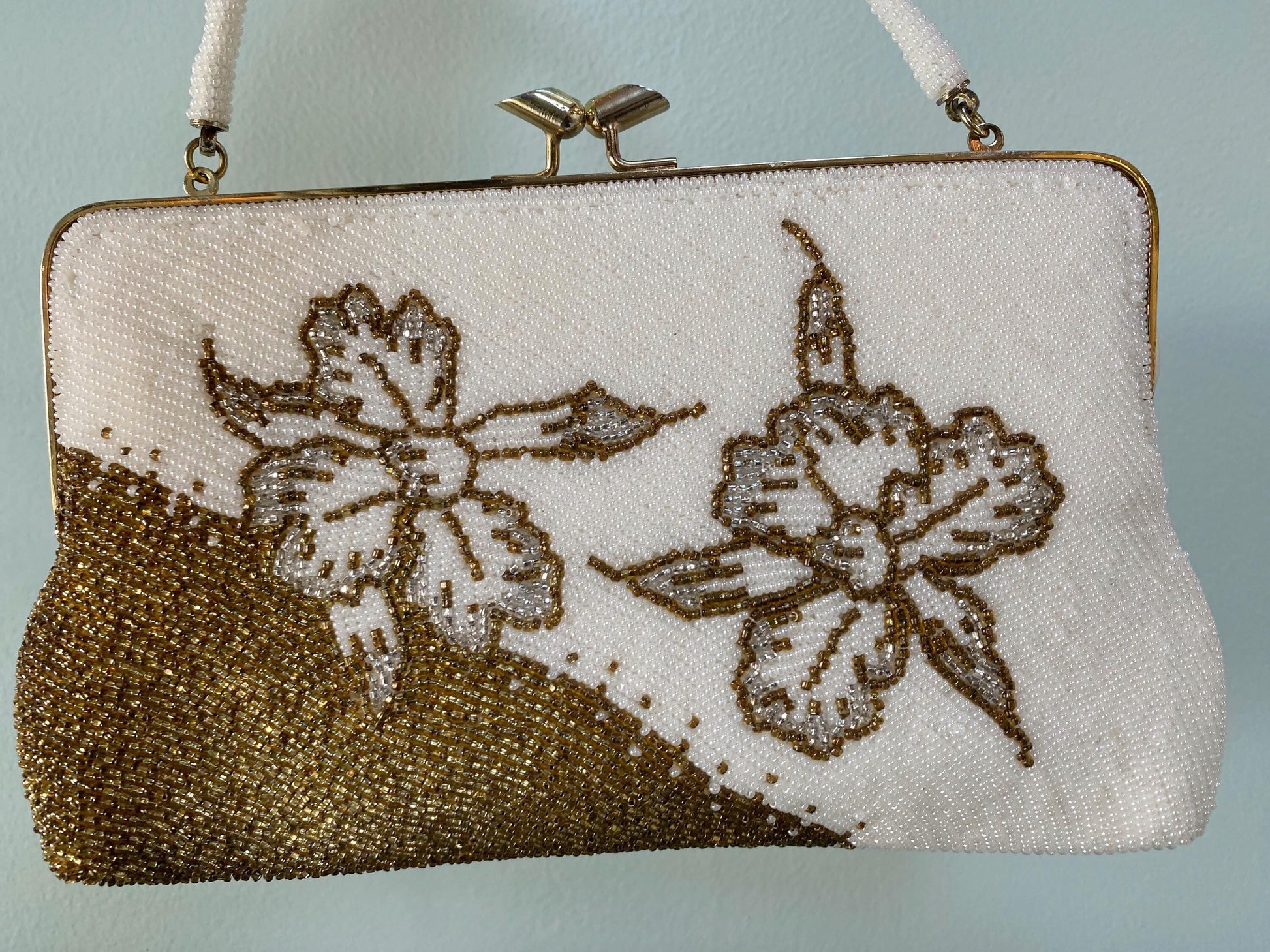 Vintage Bronze and White Beaded Purse at Duckwells