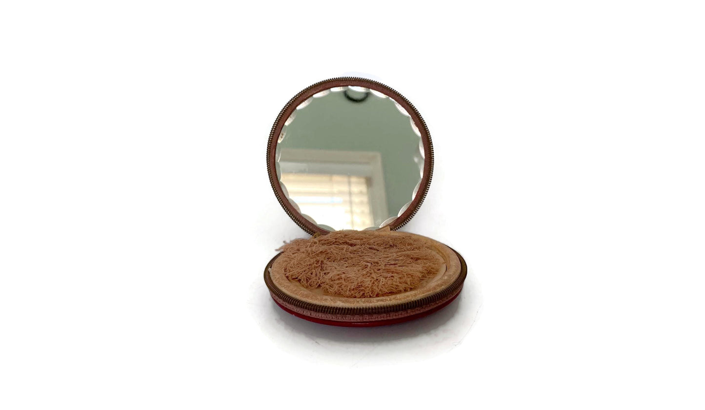 Midcentury Red Leather Zippered Mirrored Compact