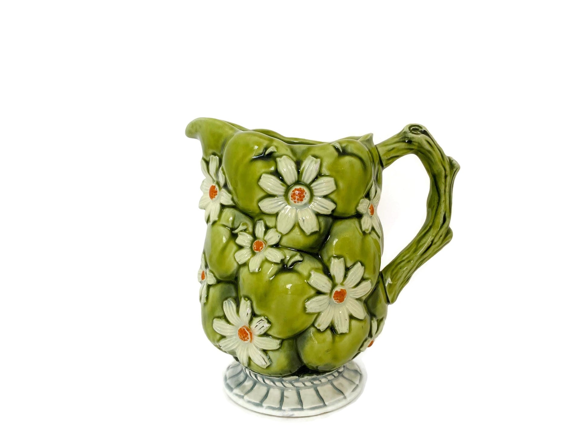 Midcentury Ceramic Pitcher, Green Apple and Daisies Inarco 1967 at Duckwells