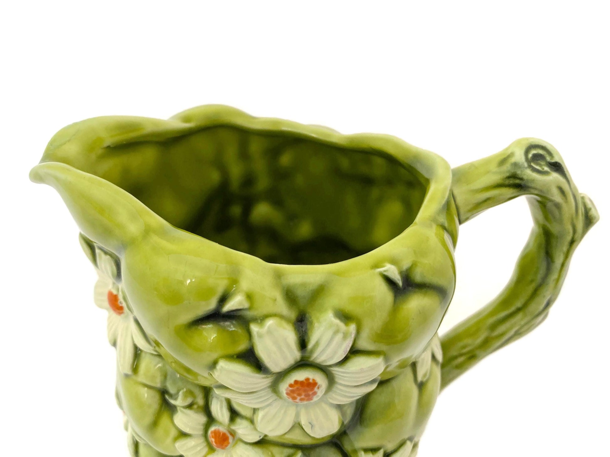 Midcentury Ceramic Pitcher, Green Apple and Daisies Inarco 1967 at Duckwells