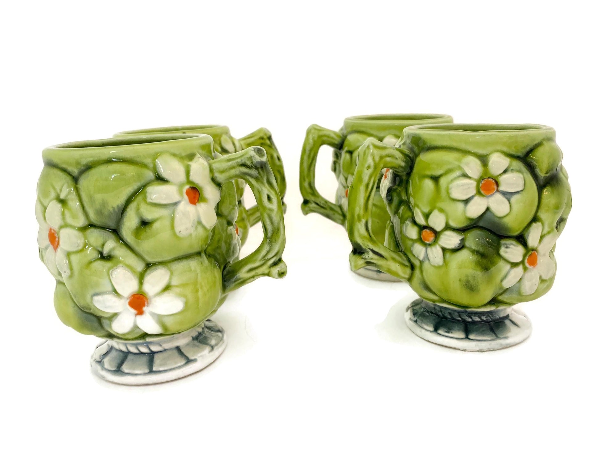 Midcentury Ceramic Mugs, Green Apple and Daisies Inarco 1967 at Duckwells