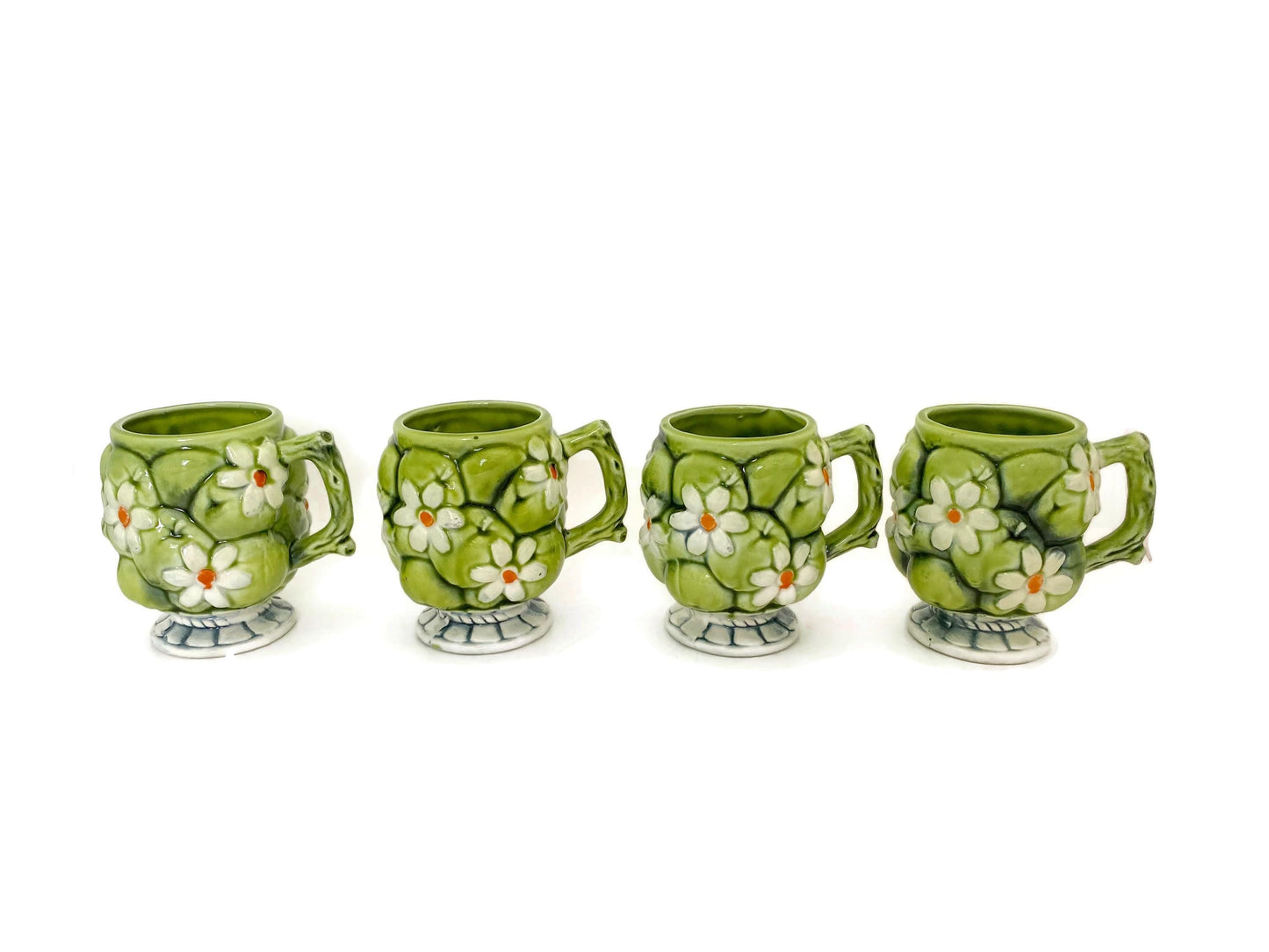 Midcentury Ceramic Mugs, Green Apple and Daisies Inarco 1967 at Duckwells
