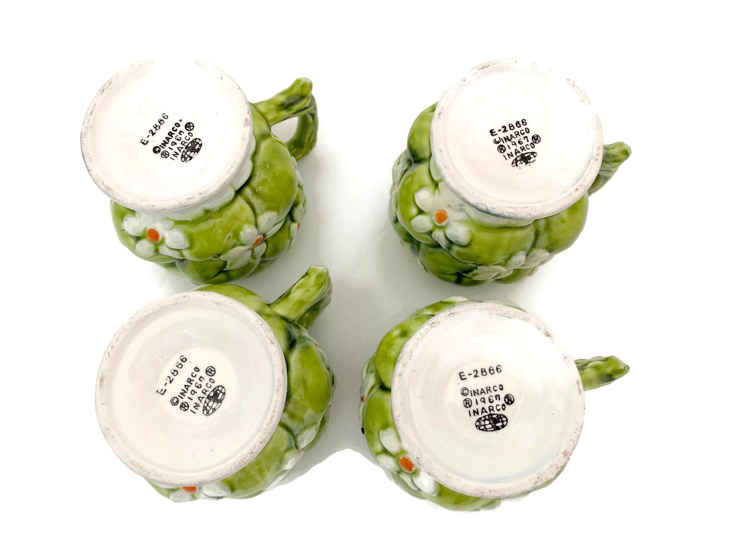 Midcentury Ceramic Mugs, Green Apple and Daisies Inarco 1967 at Duckwells