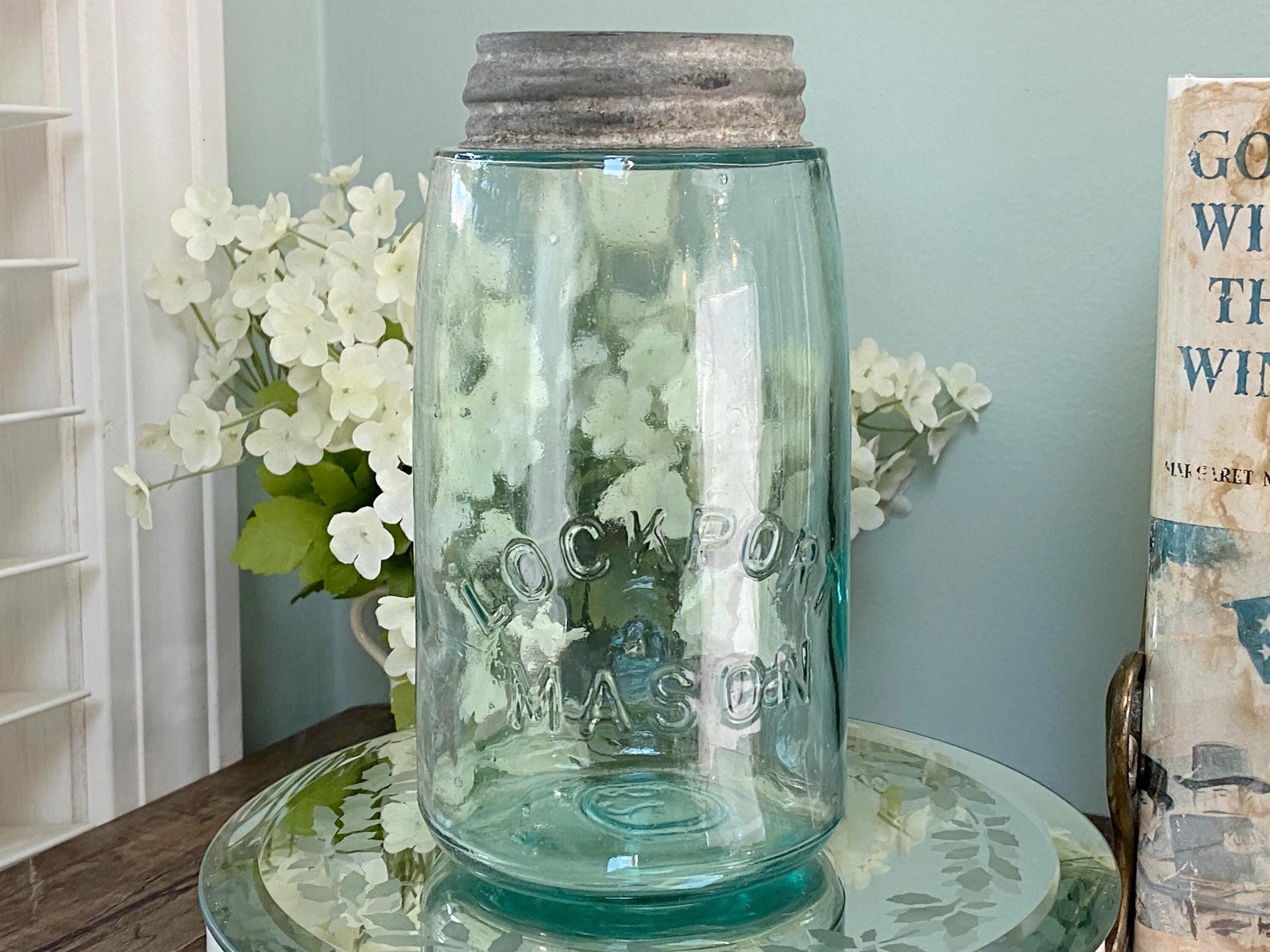 Antique Lockport Mason Blue Glass Canning Jar at Duckwells