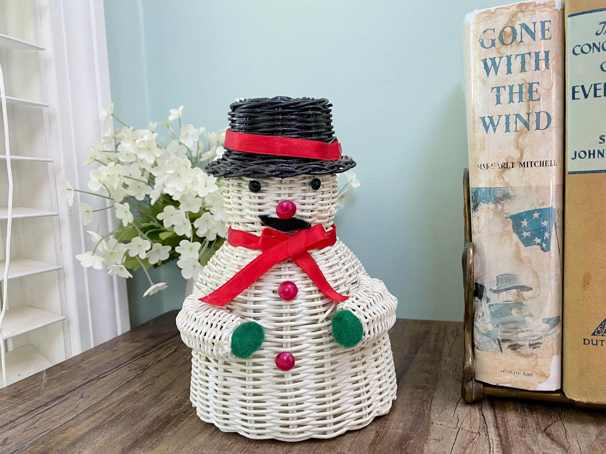 Vintage Wicker Snowman Planter Figurine