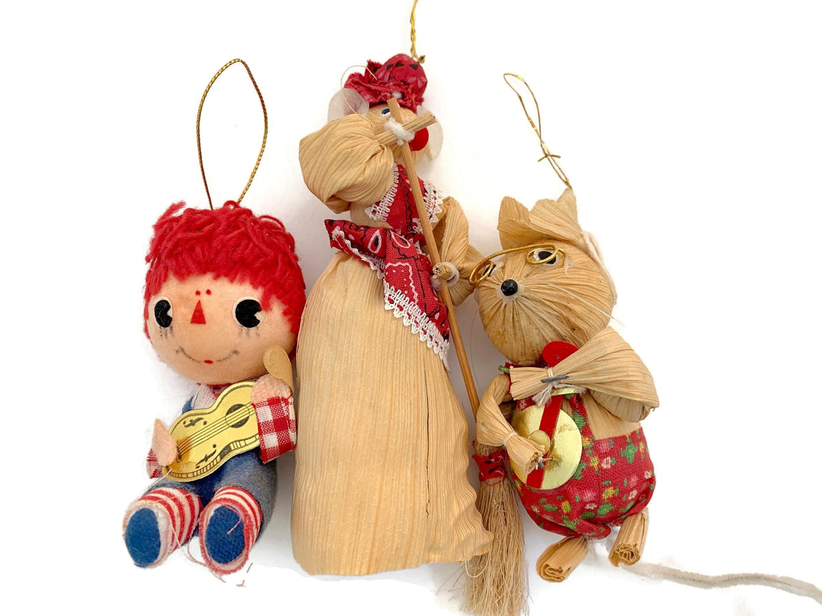 Vintage Christmas Ornaments circa 1970s Husk Mice and Raggedy Andy