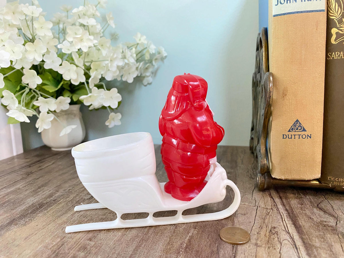 Vintage Santa Claus on his Sleigh, Midcentury Plastic Candy Container by Rosbro