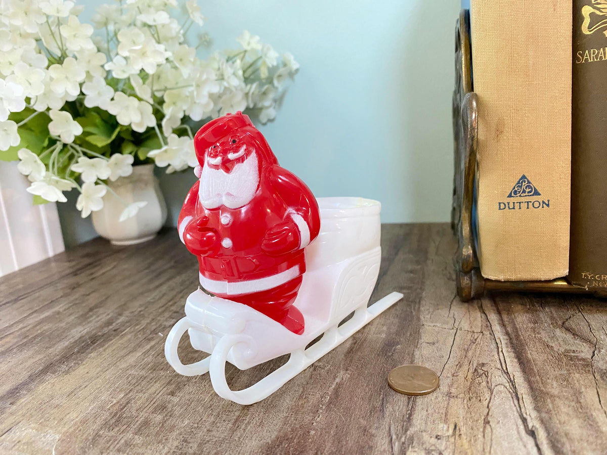 Vintage Santa Claus on his Sleigh, Midcentury Plastic Candy Container by Rosbro