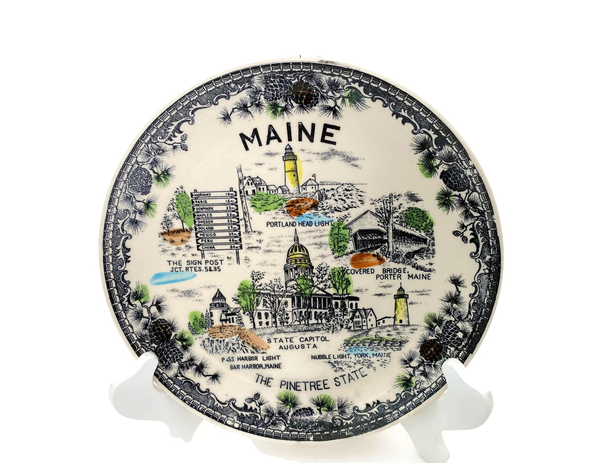 Vintage Maine Souvenir Plate, Midcentury The Pine Tree State