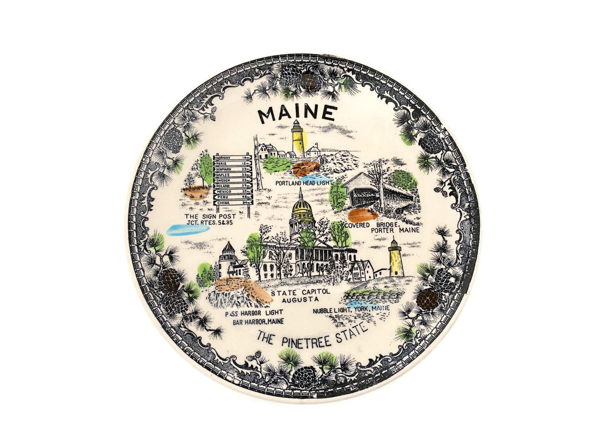 Vintage Maine Souvenir Plate, Midcentury The Pine Tree State