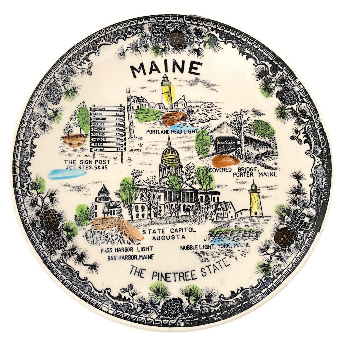 Vintage Maine Souvenir Plate, Midcentury The Pine Tree State