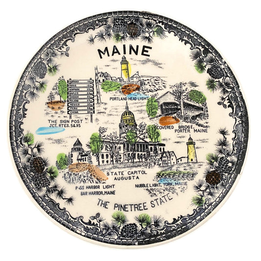 Vintage Maine Souvenir Plate, Midcentury The Pine Tree State