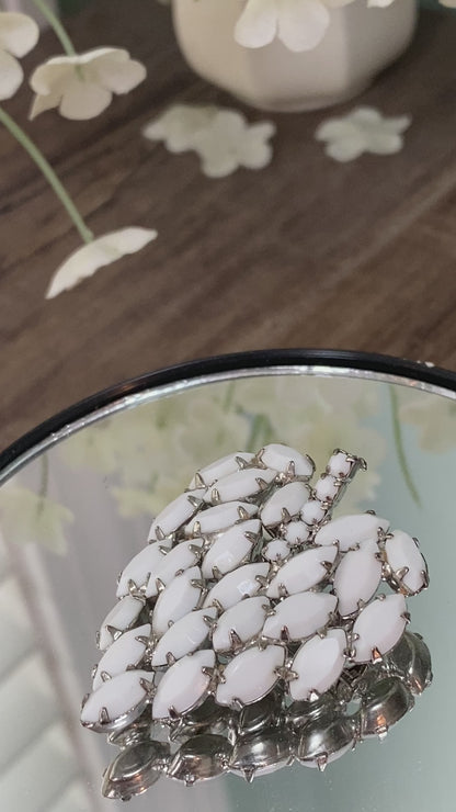 Midcentury White Milk Glass Rhinestone Leaf Brooch Pin