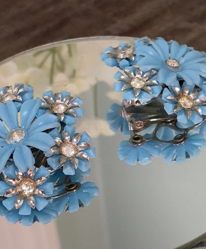 Midcentury Blue Flower Clip On Earrings
