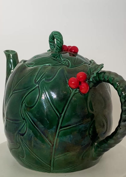 Midcentury Lefton Ceramic Green Holly Berry Teapot