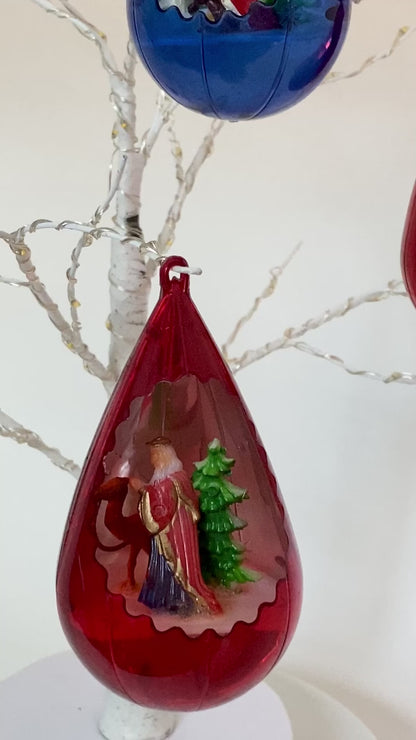 Midcentury JewelBrite Plastic Diorama Christmas Tree Ornaments
