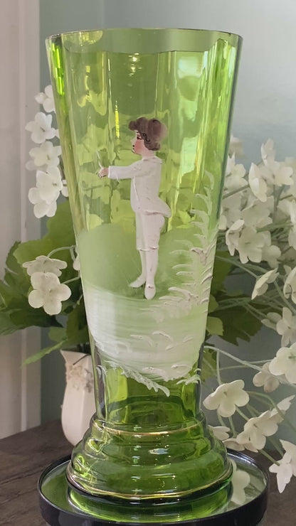 Vintage Mary Gregory Green Glass Vase