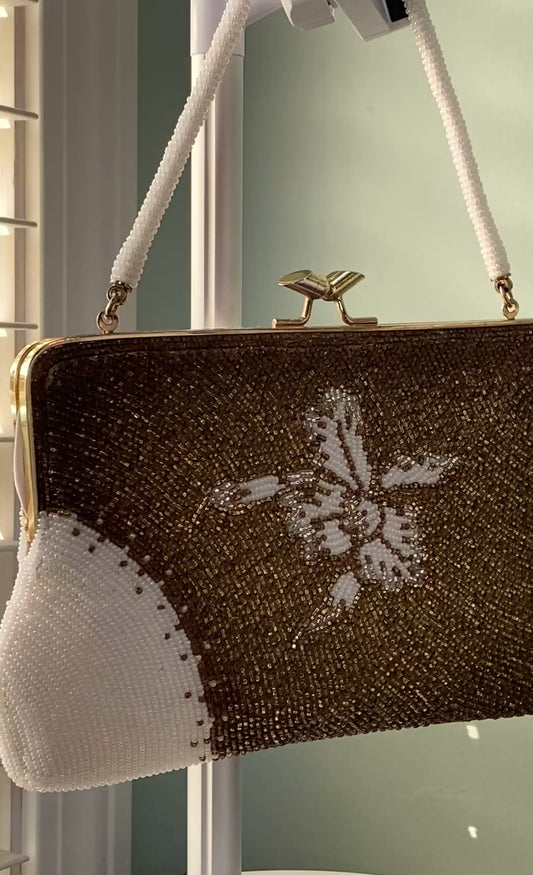 vintage bronze and white beaded handbag