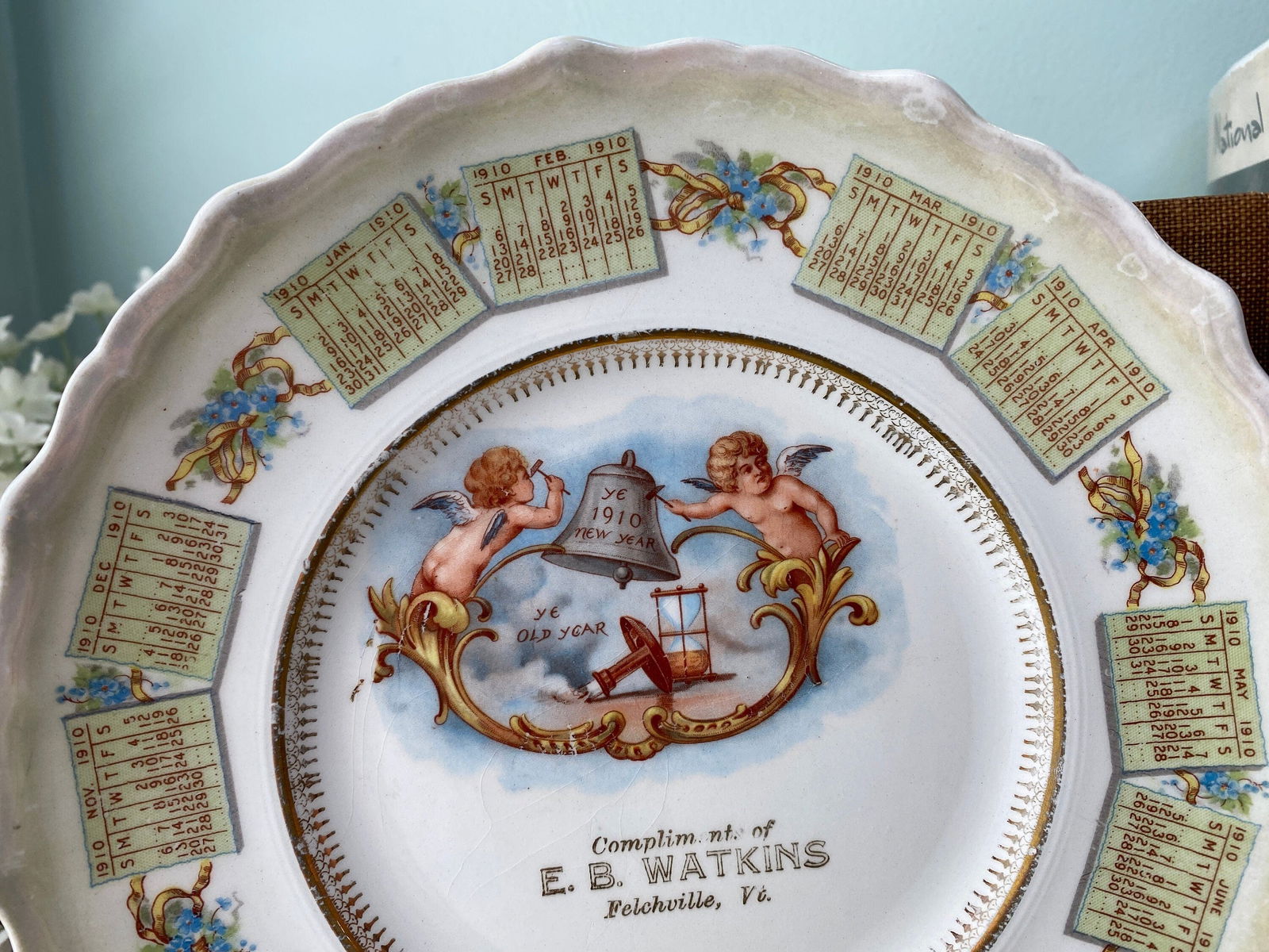 Antique 1910 Calendar Plate with Vermont Advertising - Duckwells