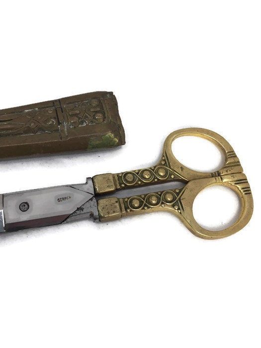 Antique German Brass Scissors and Sheath - Duckwells