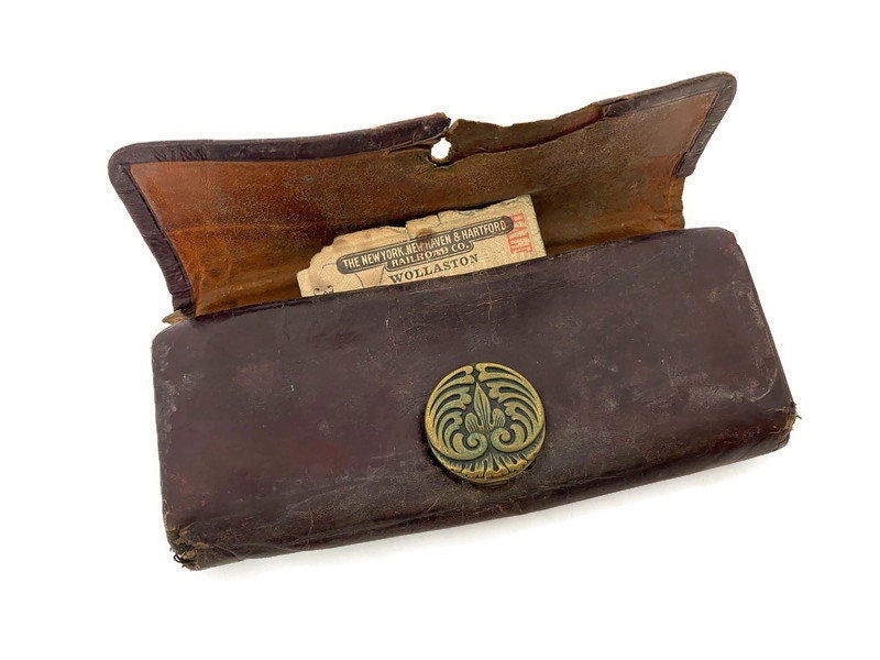 Antique Leather Wallet with 1911 Train Ticket Stub - Duckwells