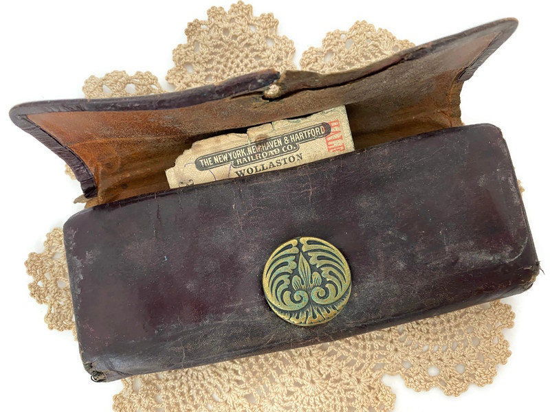Antique Leather Wallet with 1911 Train Ticket Stub - Duckwells