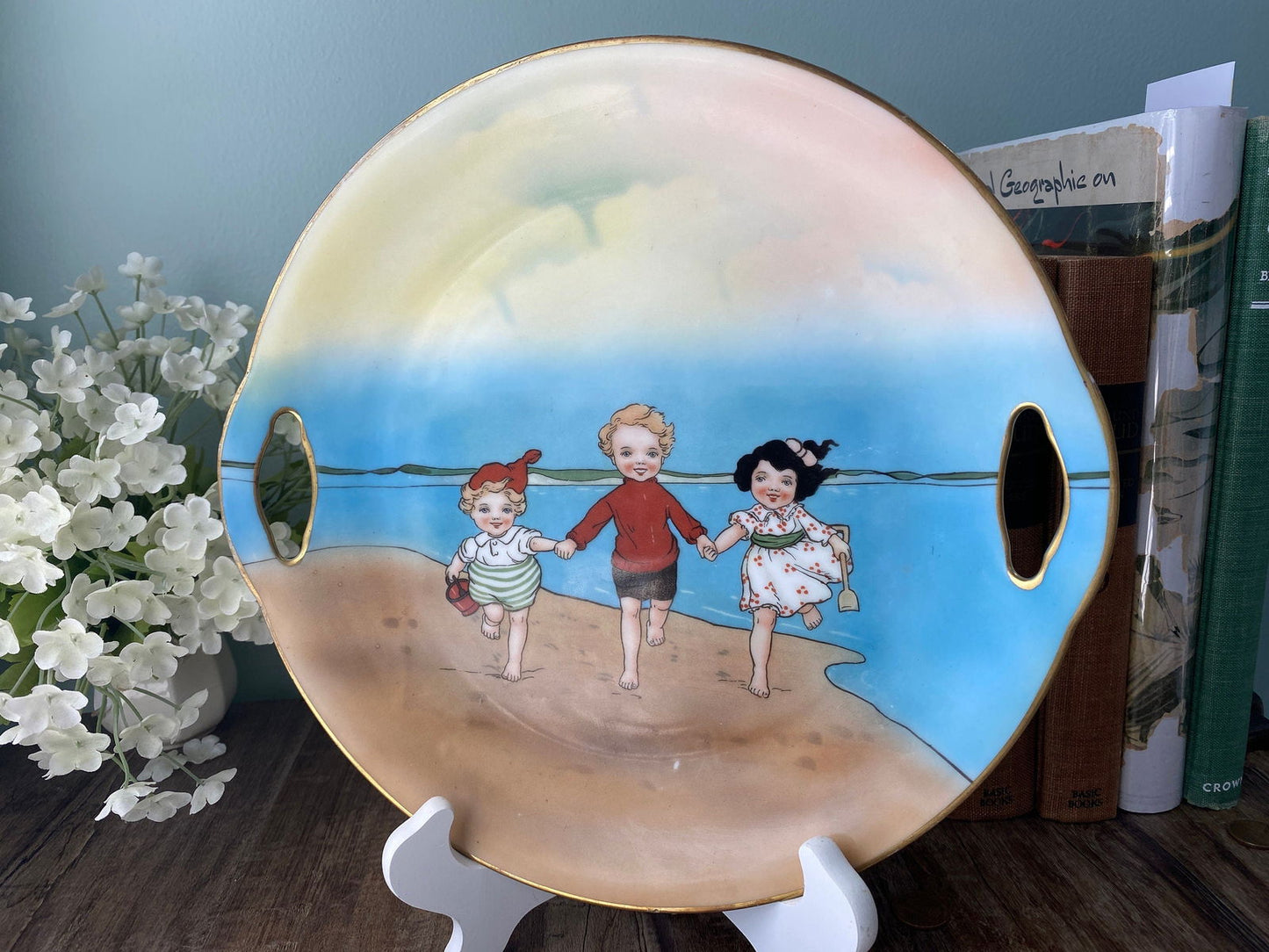 Antique Royal Bayreuth Beach Sand Babies Cake Plate - Duckwells