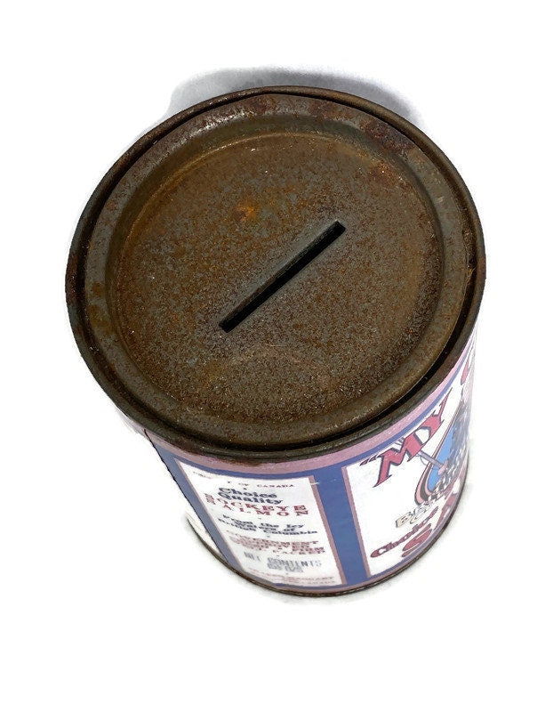 Antique Salmon Tin Can Coin Bank - Duckwells