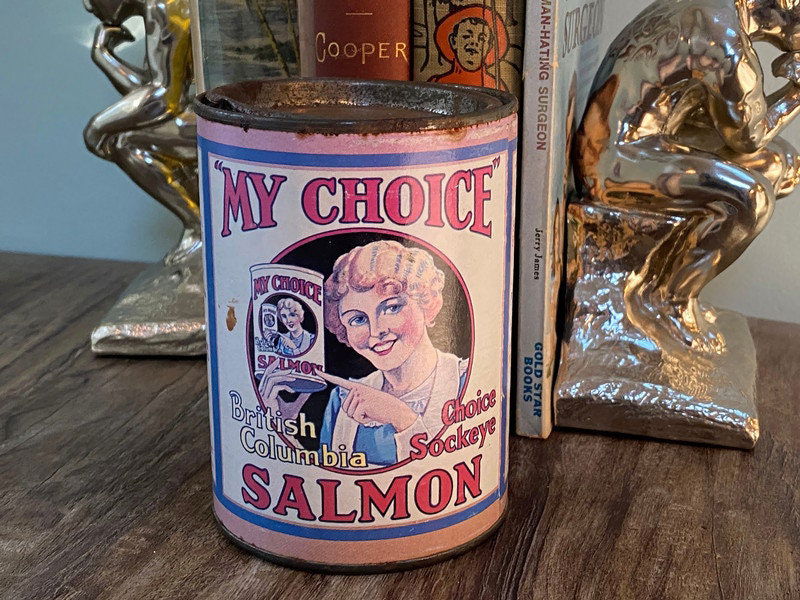 Antique Salmon Tin Can Coin Bank - Duckwells