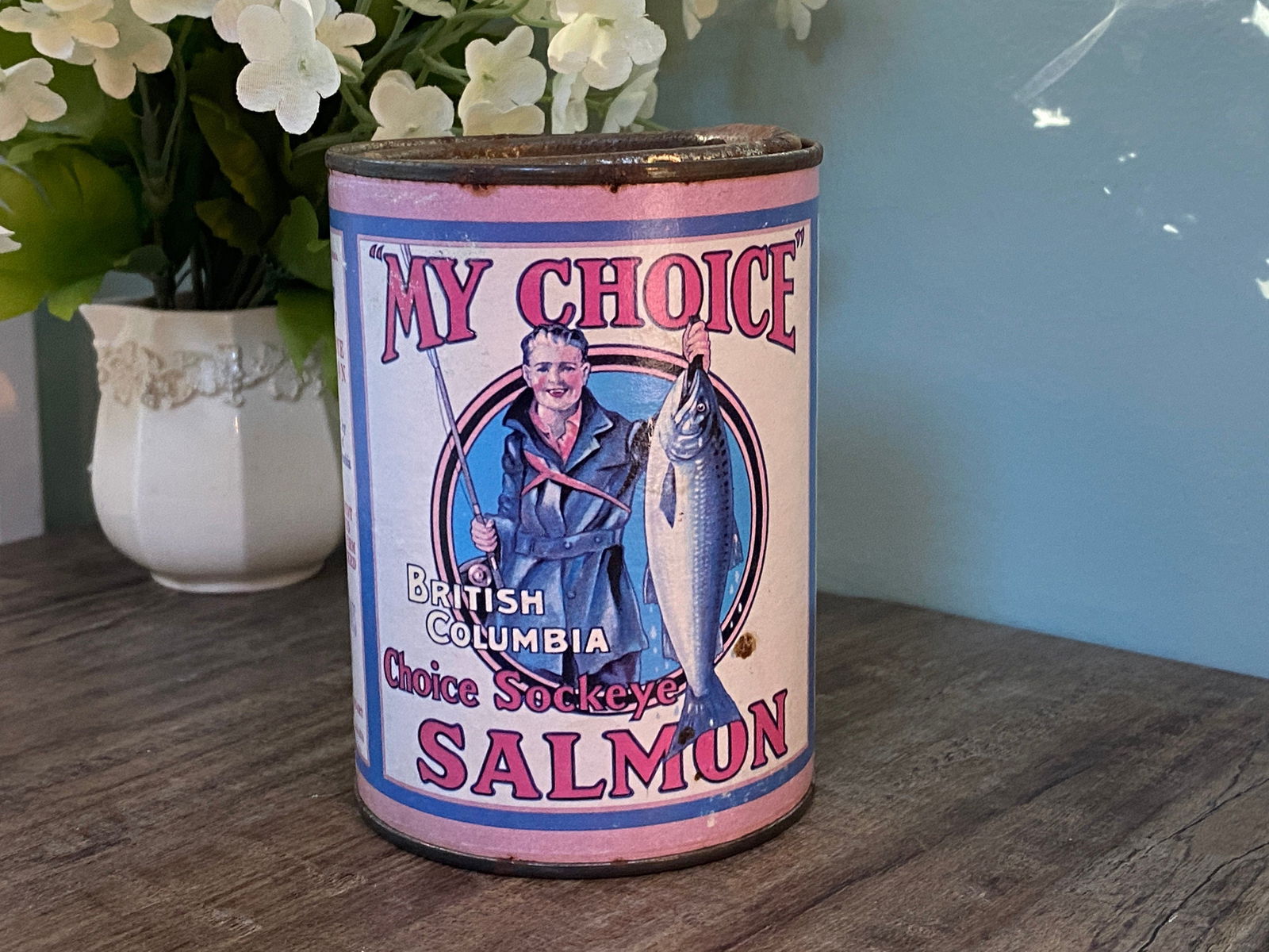 Antique Salmon Tin Can Coin Bank - Duckwells