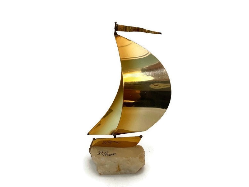 Mid Century Sailboat Brass and Stone Sculpture by DeMott - Duckwells