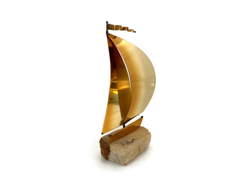 Mid Century Sailboat Brass and Stone Sculpture by DeMott - Duckwells
