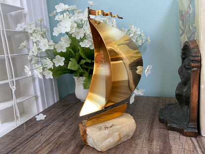 Mid Century Sailboat Brass and Stone Sculpture by DeMott - Duckwells