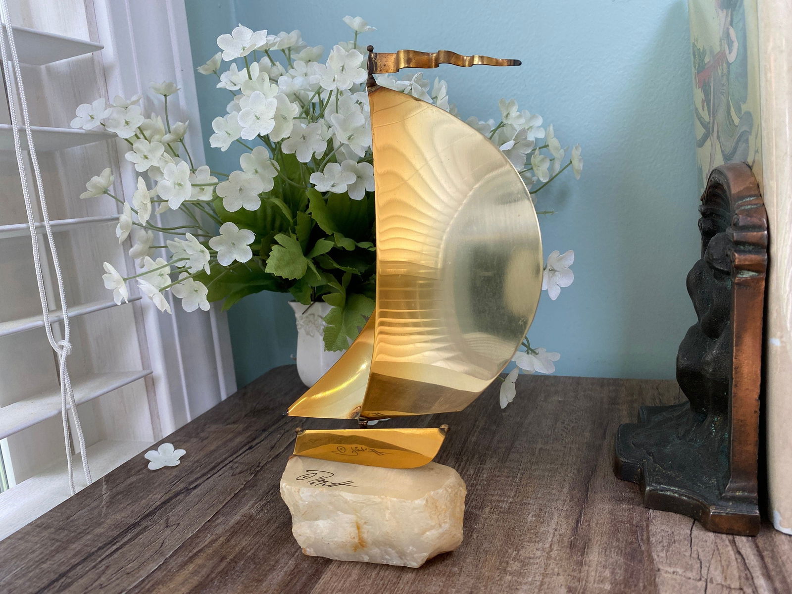 Mid Century Sailboat Brass and Stone Sculpture by DeMott - Duckwells