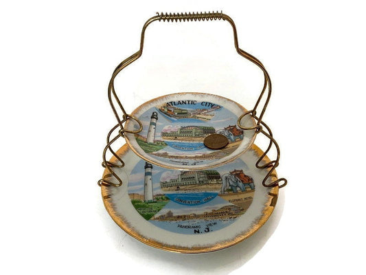 Midcentury Atlantic City Souvenir Dishes with Metal Stand - Duckwells