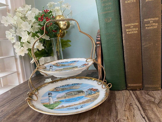 Midcentury Atlantic City Souvenir Dishes with Metal Stand - Duckwells