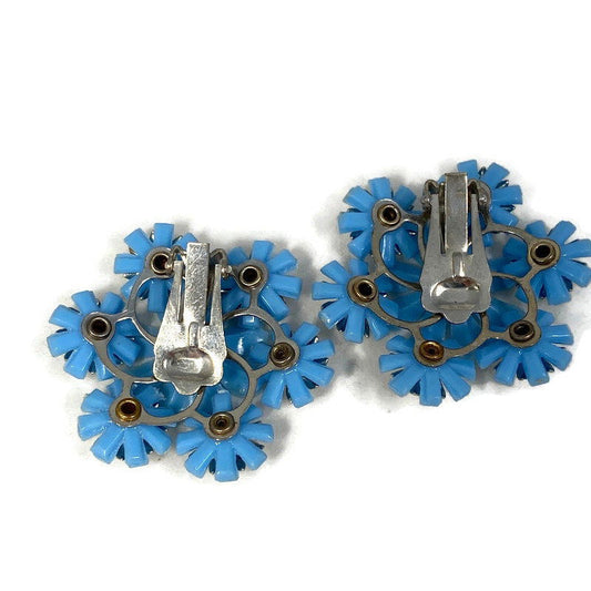 Midcentury Blue Flower Clip On Earrings - Duckwells
